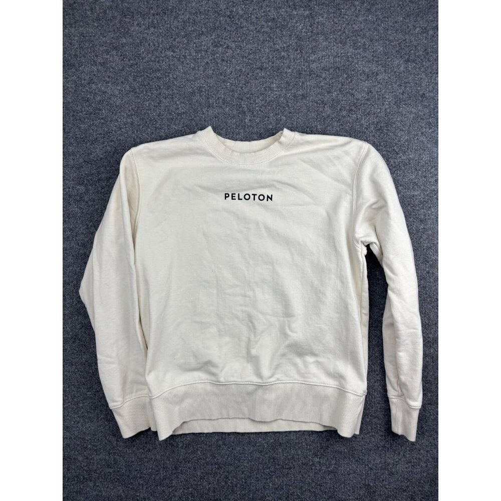 Peloton Sweatshirt Mens‎ Medium Cream Crewneck Pullover Together We Go Far Logo
